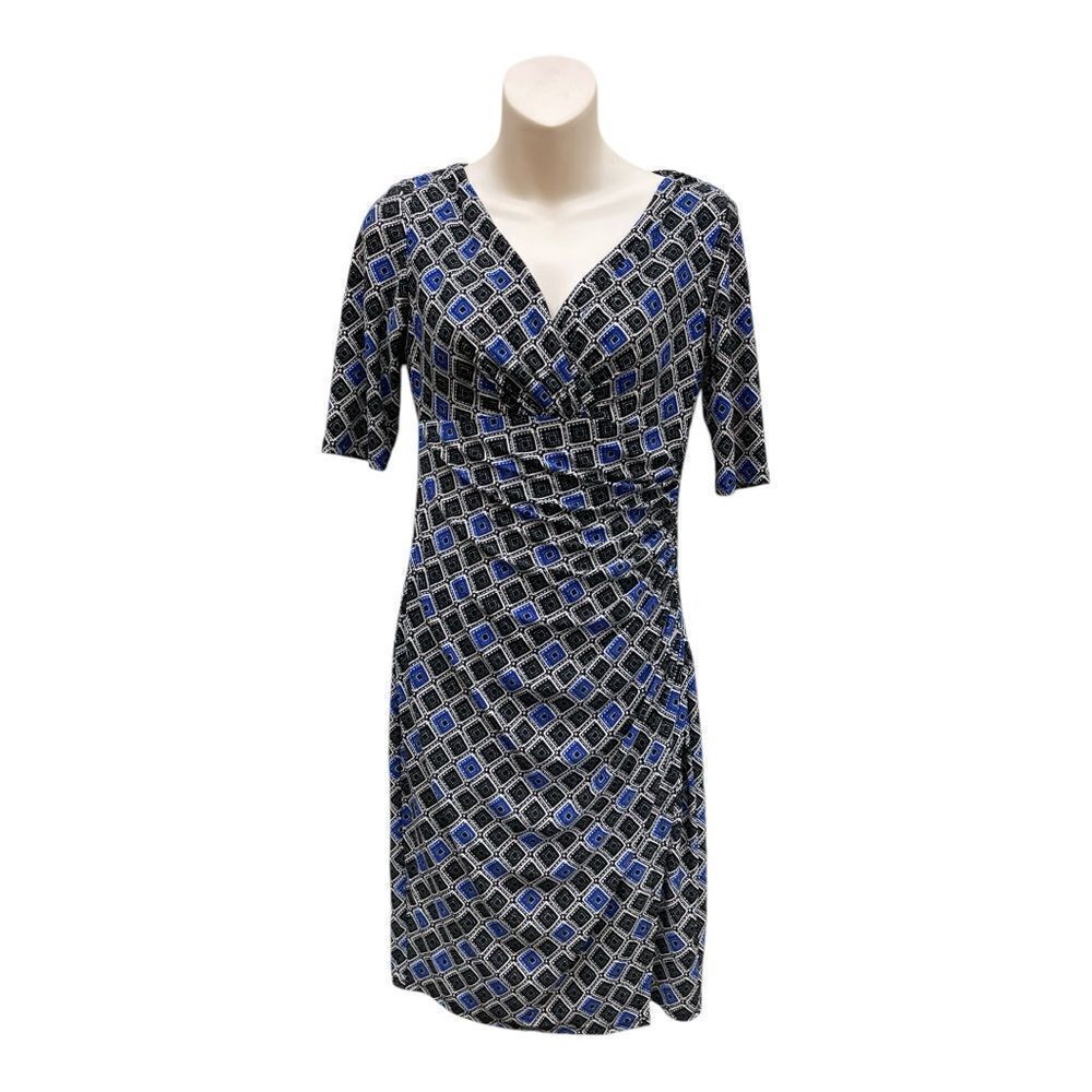 Lauren Ralph Lauren Geometric Diamond Print Ruched Side Faux Wrap Dress Sz 2